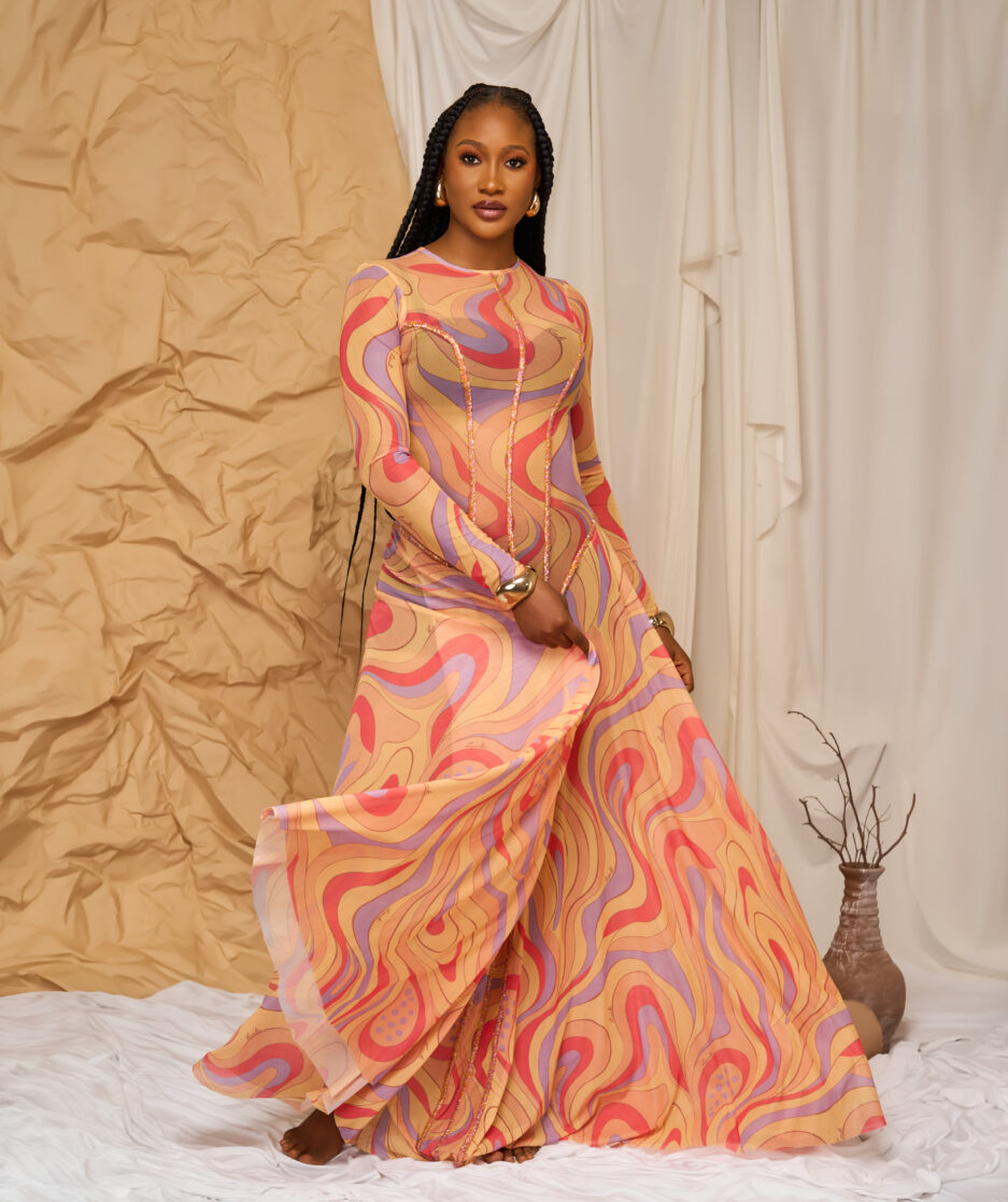 BEADED MESH DRESS IN DAWN PRINT